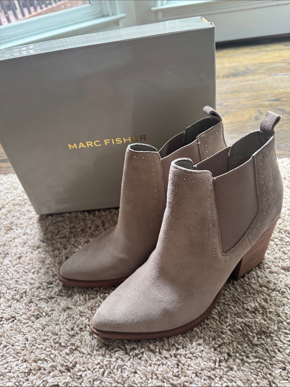 Marc Fisher Taupe Suede Chelsea Ankle Booties with Stacked Heel